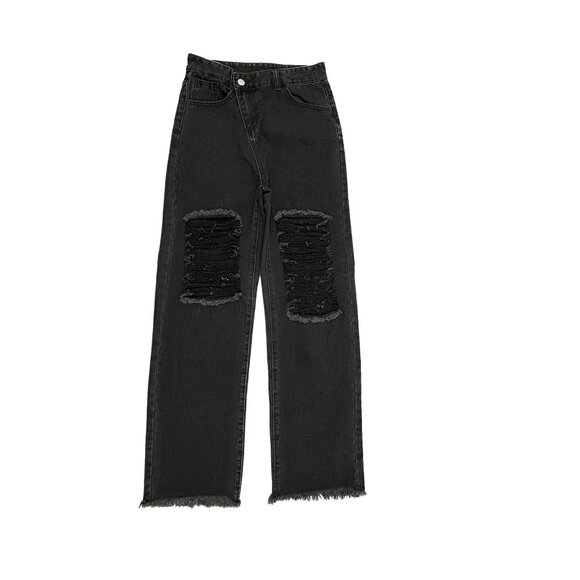 Unbranded Overlap Front Distressed Raw Hem Wide Leg Women's size S Black Jeans - Picture 1 of 3